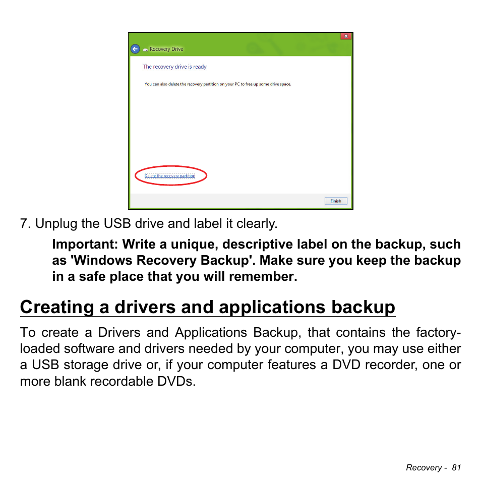 Creating a drivers and applications backup | Acer W701P User Manual | Page 81 / 100