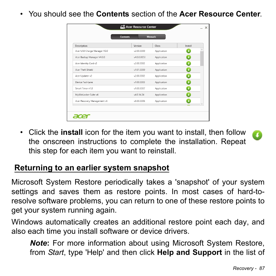 Returning to an earlier system snapshot | Acer W701P User Manual | Page 87 / 100