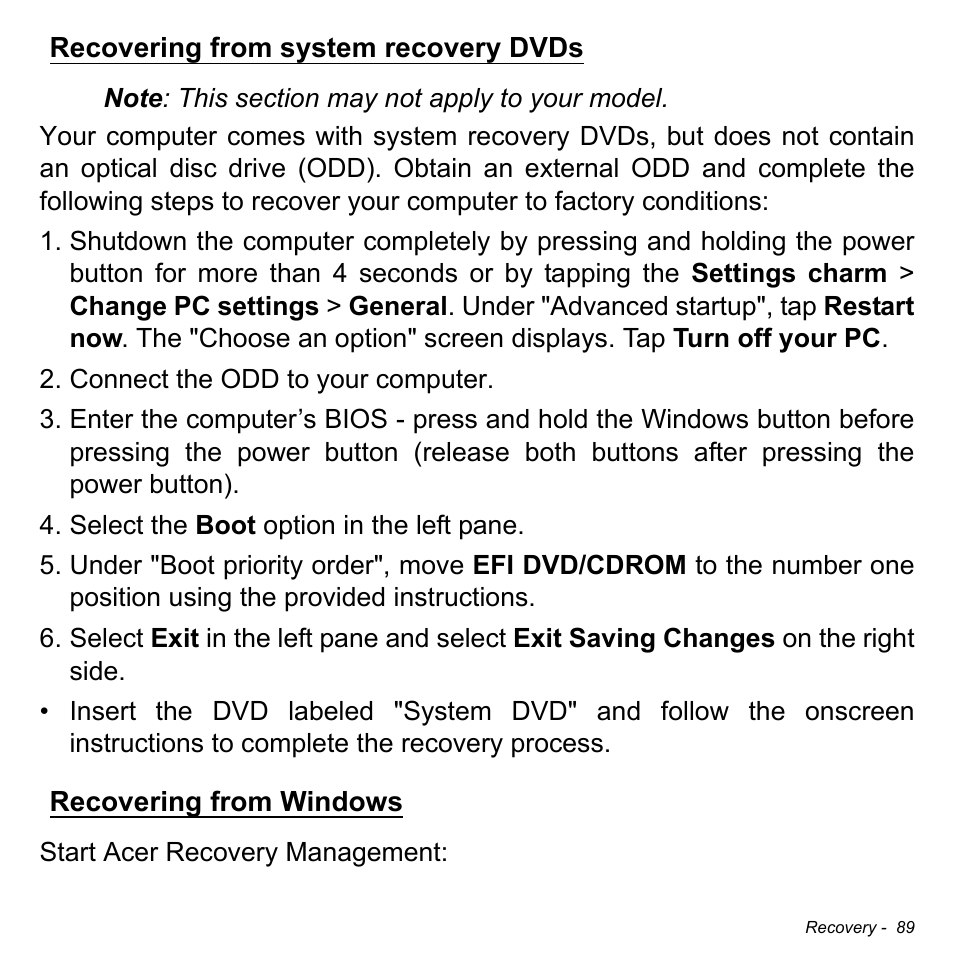 Recovering from system recovery dvds, Recovering from windows | Acer W701P User Manual | Page 89 / 100