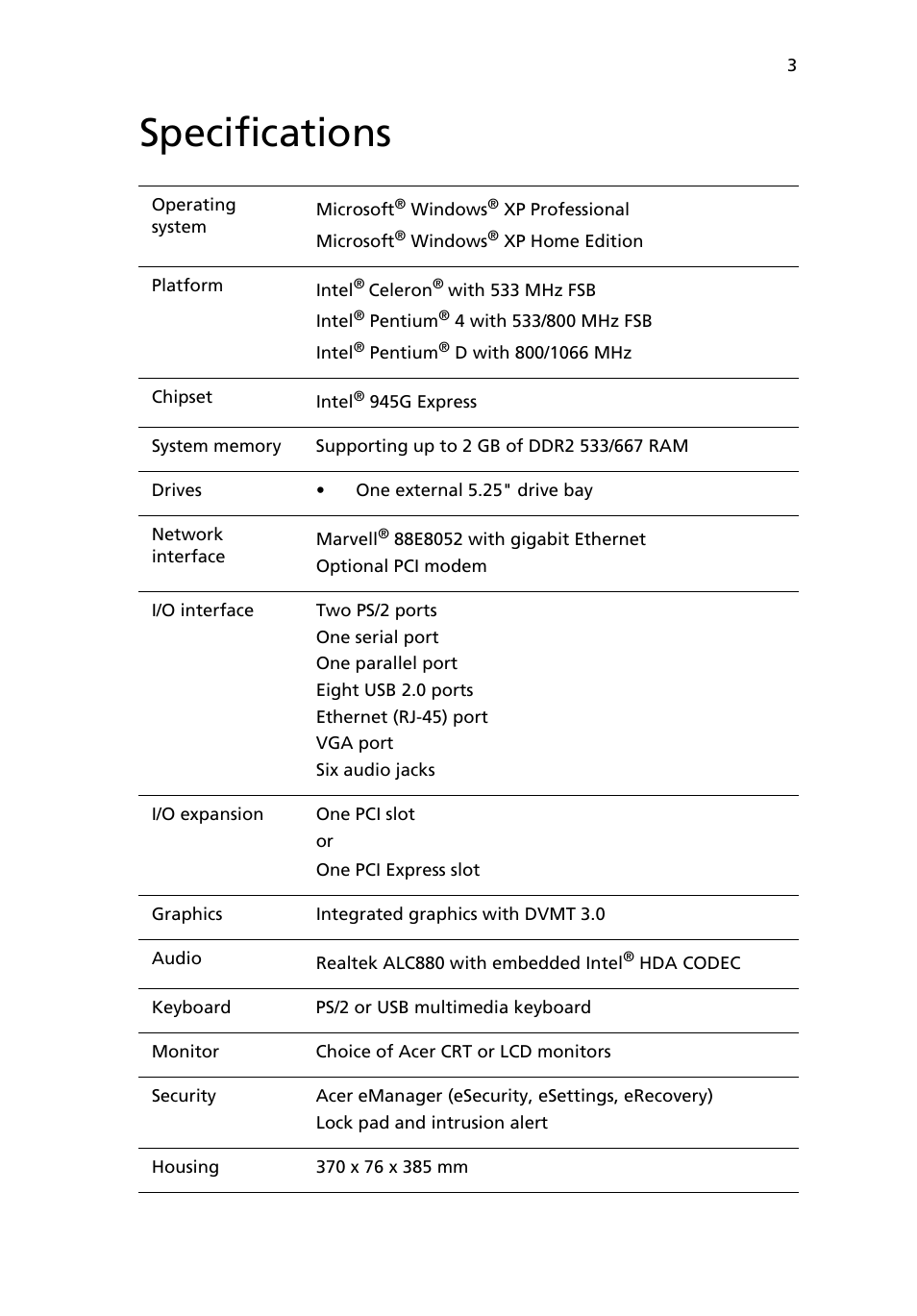 Specifications | Acer Veriton 2800 User Manual | Page 11 / 88