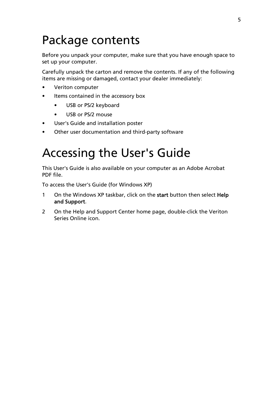 Package contents, Accessing the user's guide | Acer Veriton 2800 User Manual | Page 13 / 88