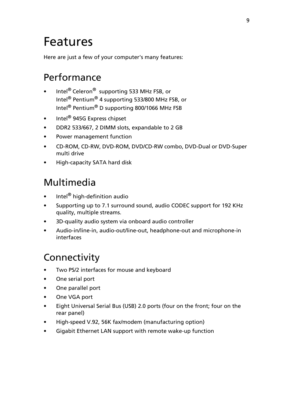 Features, Performance, Multimedia | Connectivity | Acer Veriton 2800 User Manual | Page 17 / 88