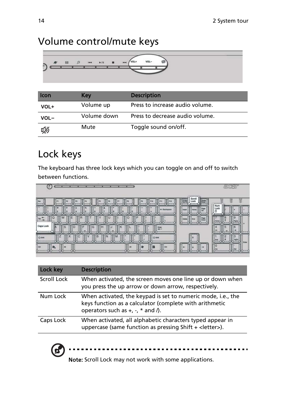 Volume control/mute keys, Lock keys, Volume control/mute keys lock keys | Acer Veriton 2800 User Manual | Page 22 / 88