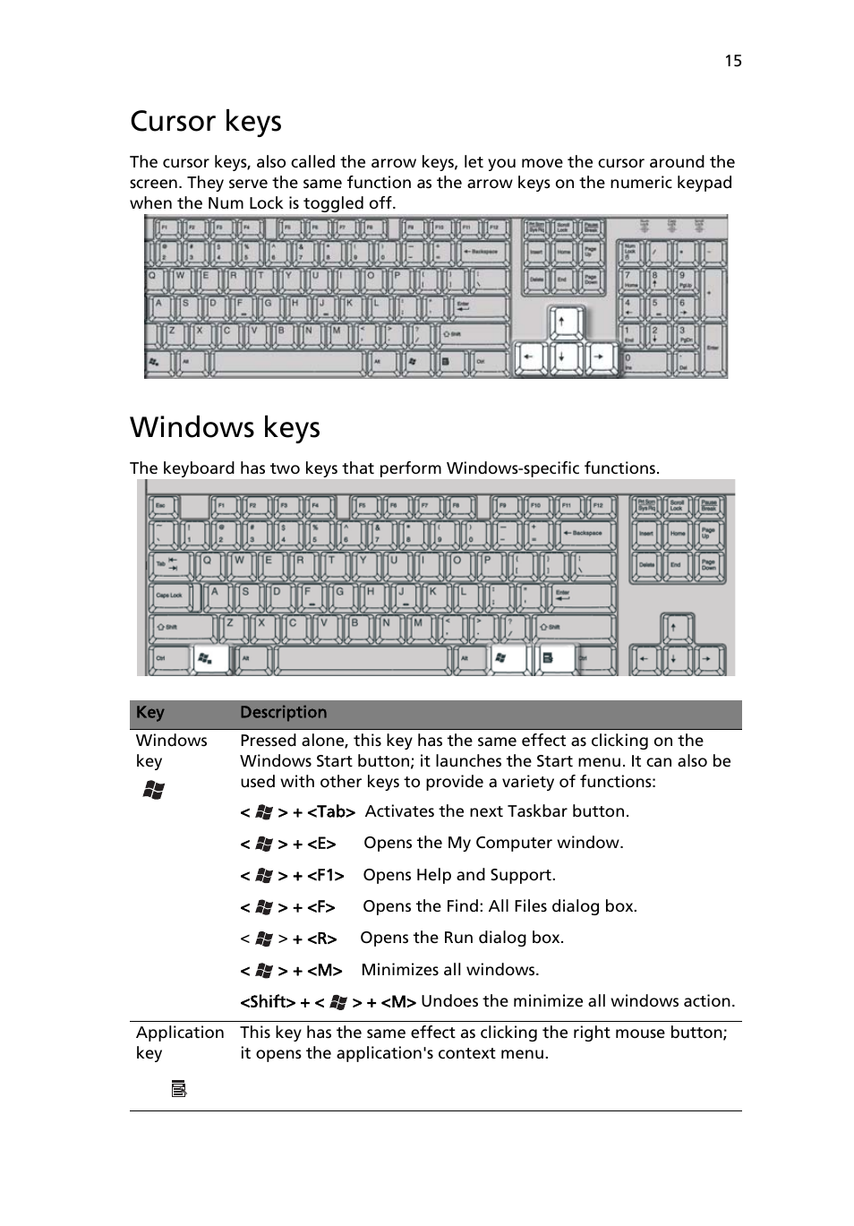 Cursor keys, Windows keys | Acer Veriton 2800 User Manual | Page 23 / 88