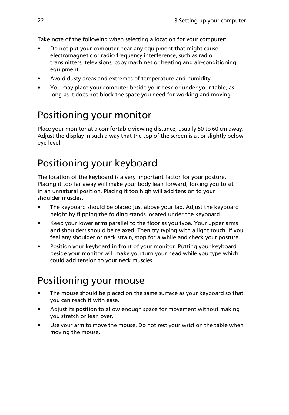 Positioning your monitor, Positioning your keyboard, Positioning your mouse | Acer Veriton 2800 User Manual | Page 30 / 88