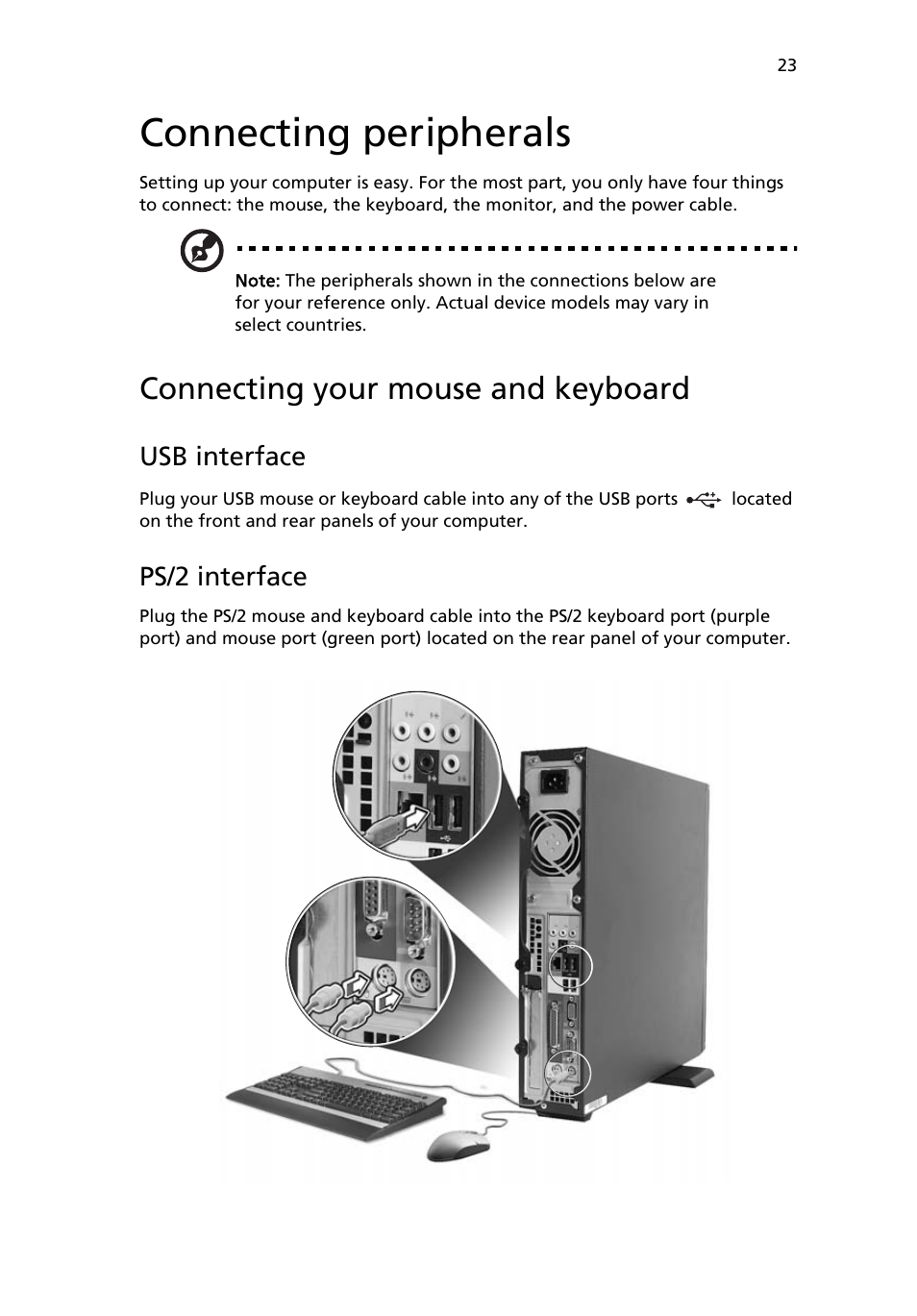 Connecting peripherals, Connecting your mouse and keyboard, Usb interface | Ps/2 interface | Acer Veriton 2800 User Manual | Page 31 / 88