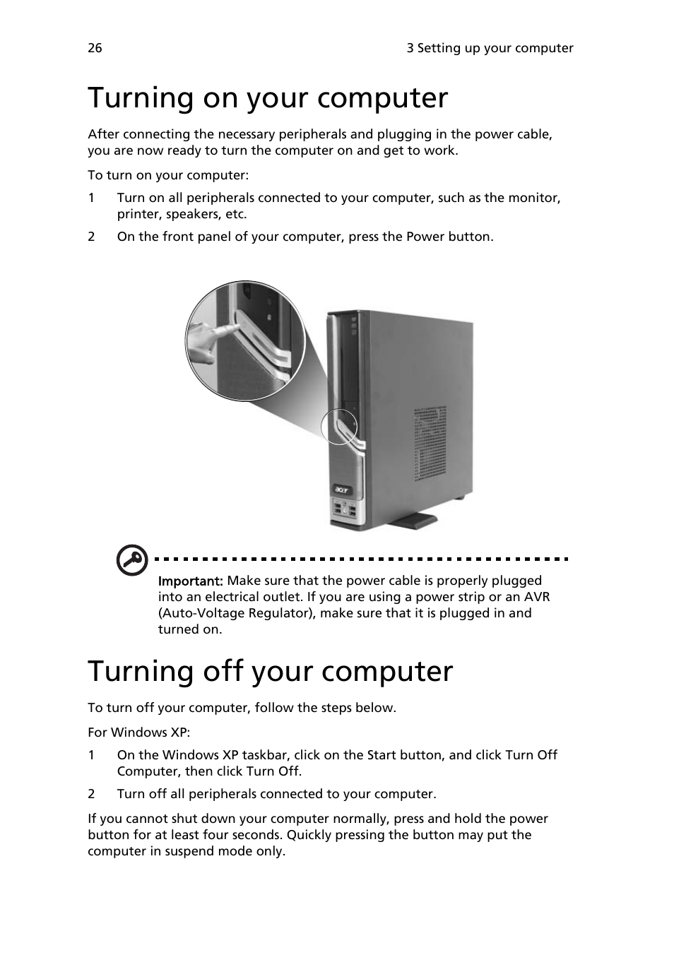 Turning on your computer, Turning off your computer | Acer Veriton 2800 User Manual | Page 34 / 88