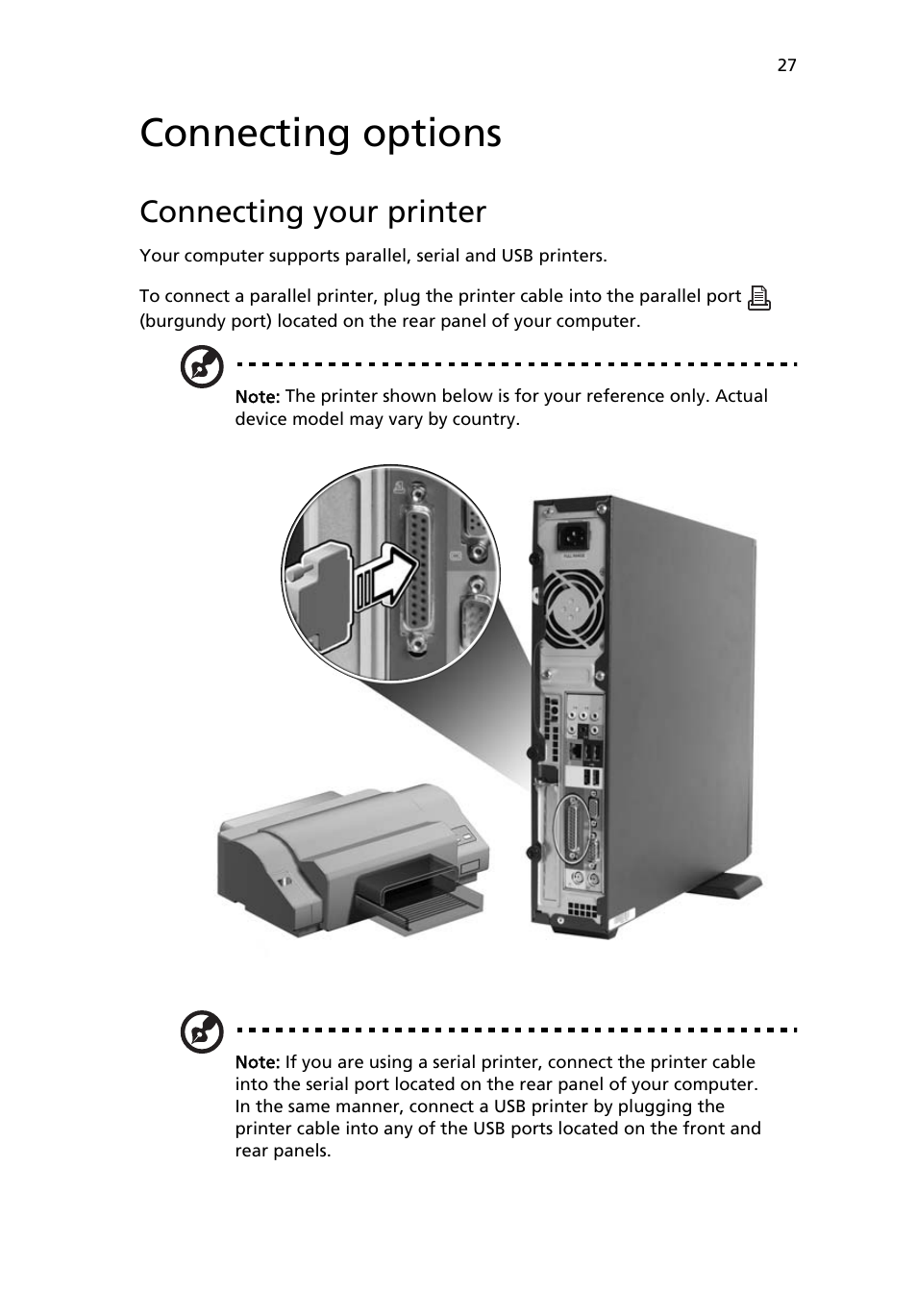 Connecting options, Connecting your printer | Acer Veriton 2800 User Manual | Page 35 / 88