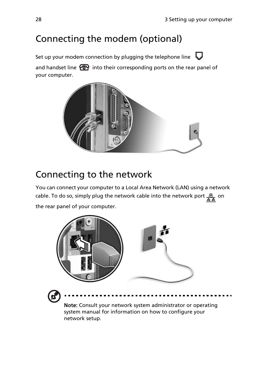 Connecting the modem (optional), Connecting to the network | Acer Veriton 2800 User Manual | Page 36 / 88