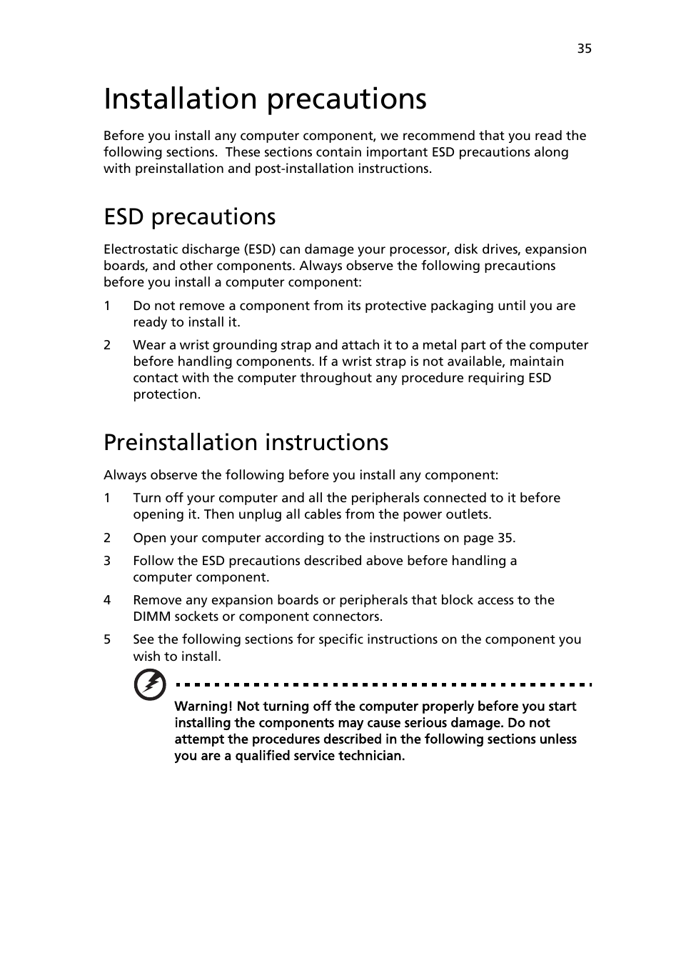 Installation precautions, Esd precautions, Preinstallation instructions | Acer Veriton 2800 User Manual | Page 43 / 88