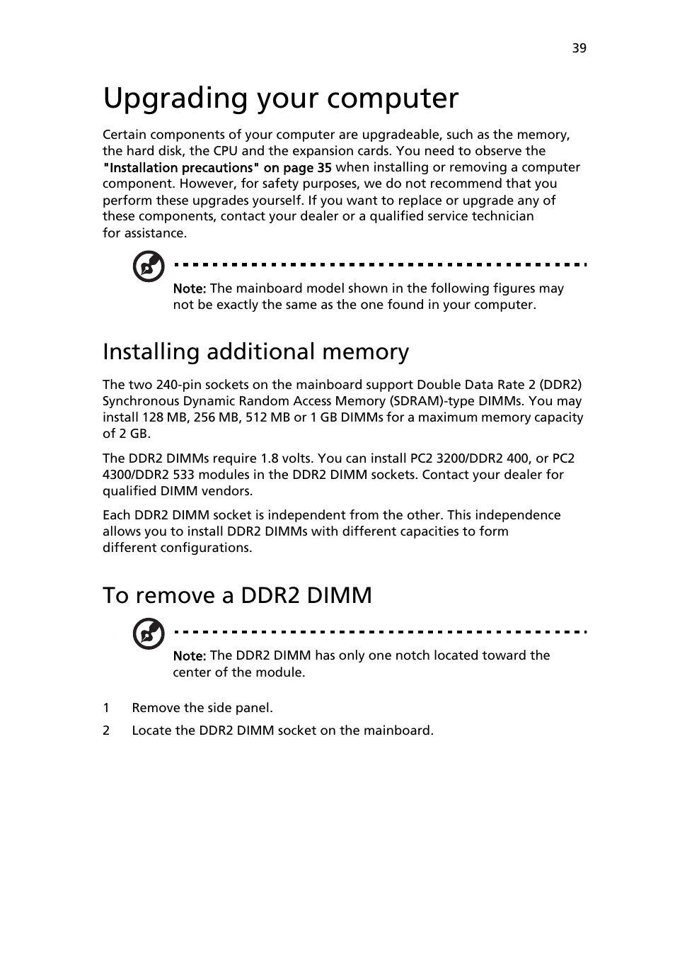 Upgrading your computer, Installing additional memory, To remove a ddr2 dimm | Acer Veriton 2800 User Manual | Page 47 / 88