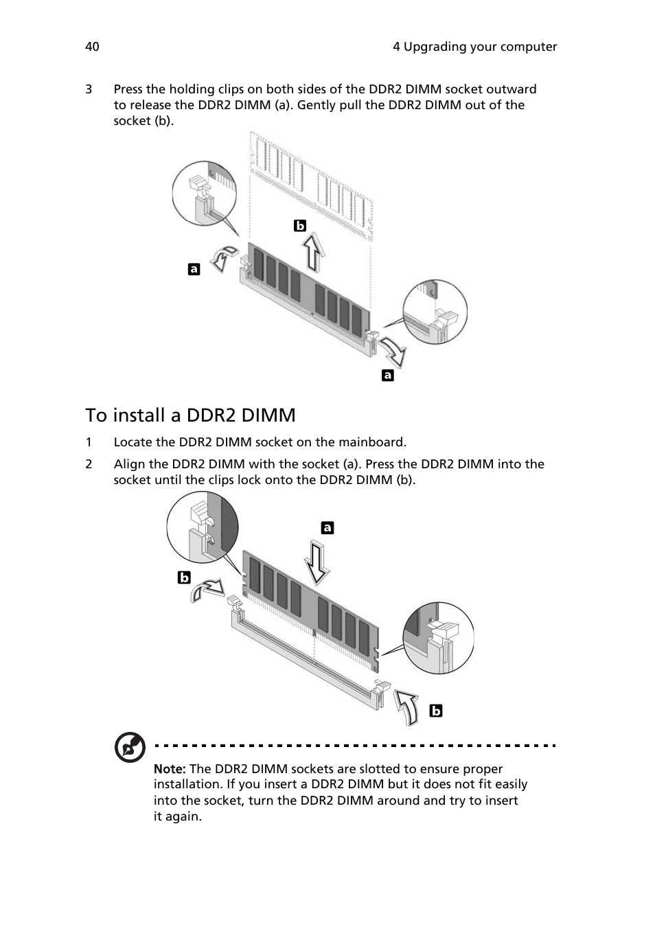 To install a ddr2 dimm | Acer Veriton 2800 User Manual | Page 48 / 88