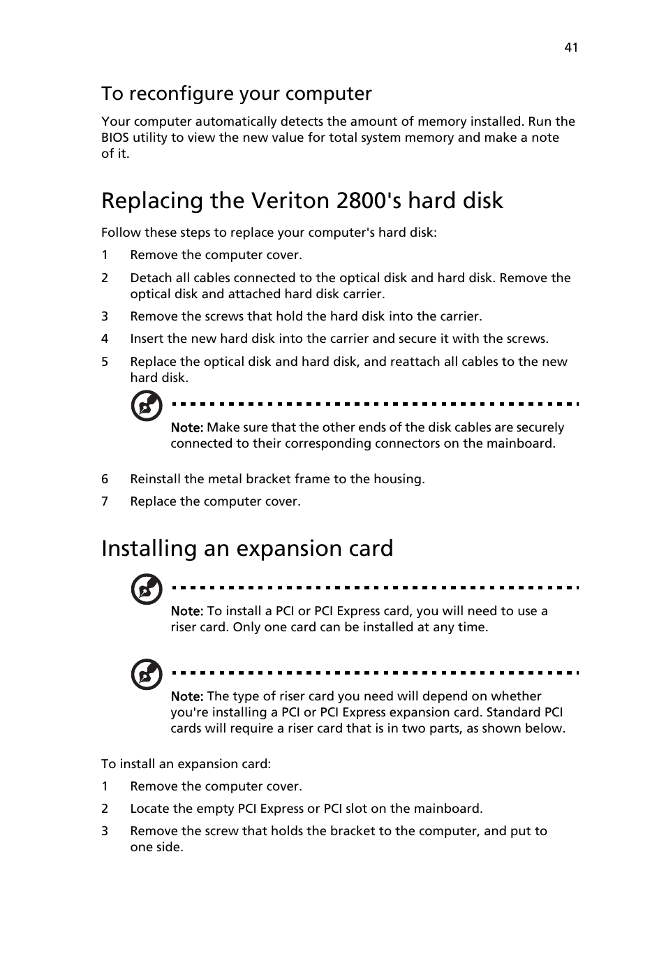 Replacing the veriton 2800's hard disk, Installing an expansion card, To reconfigure your computer | Acer Veriton 2800 User Manual | Page 49 / 88