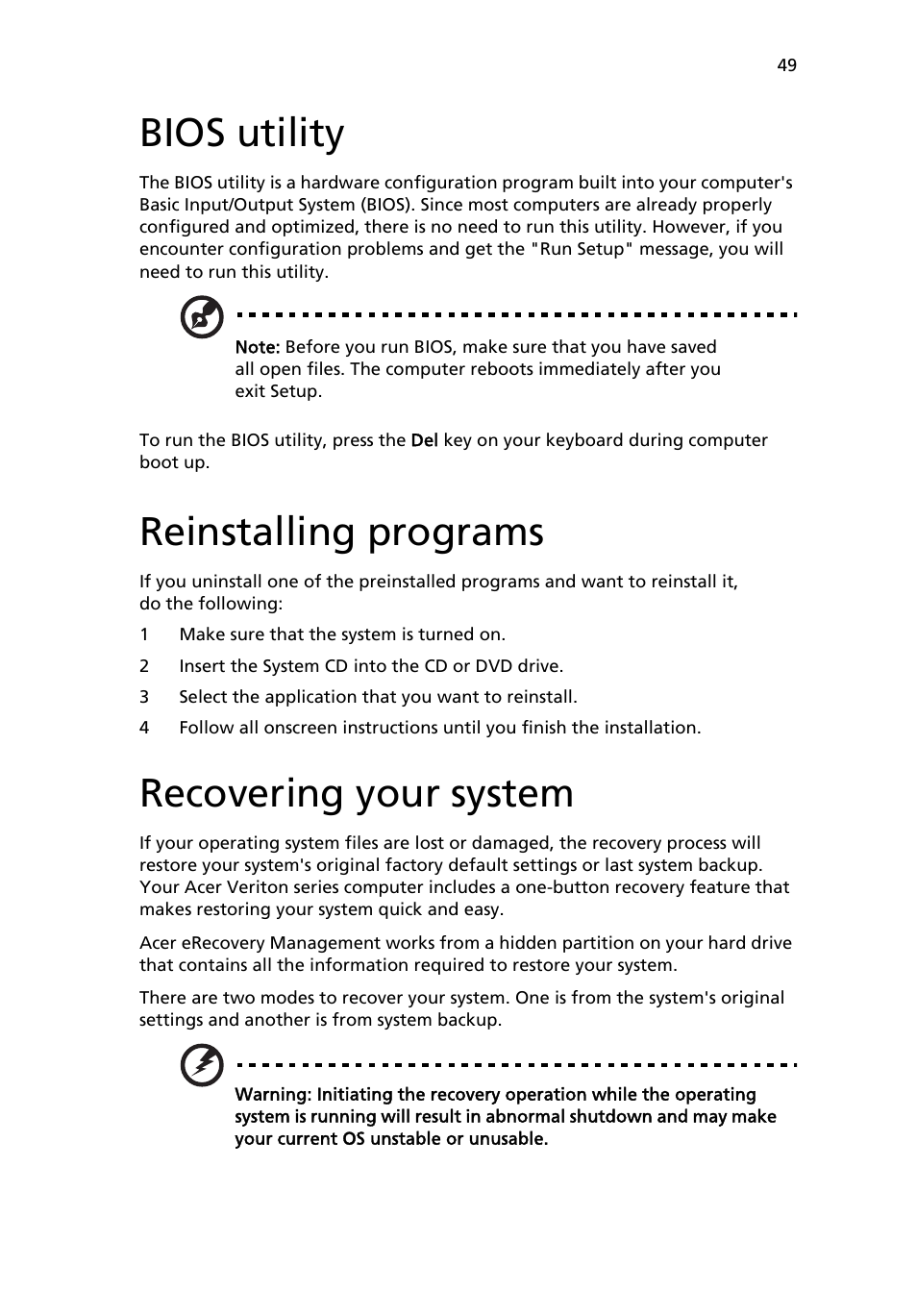 Bios utility, Reinstalling programs, Recovering your system | Acer Veriton 2800 User Manual | Page 57 / 88