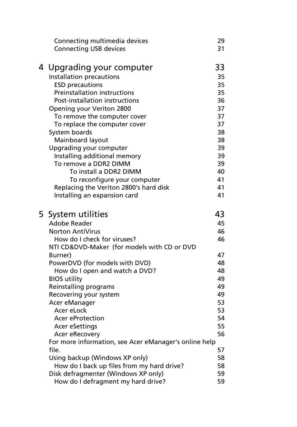 4 upgrading your computer 33, 5 system utilities 43 | Acer Veriton 2800 User Manual | Page 6 / 88