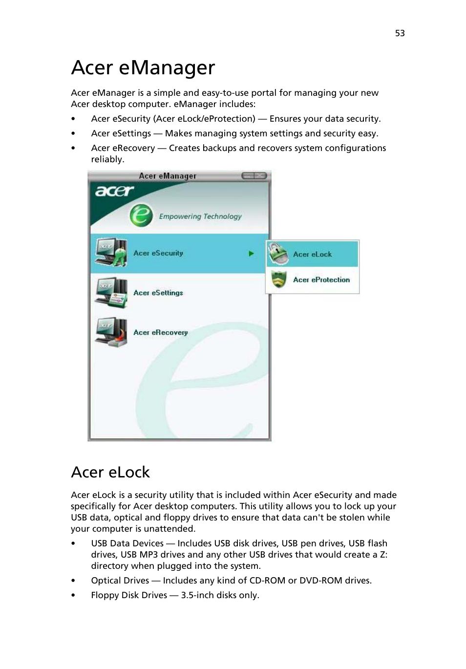 Acer emanager, Acer elock | Acer Veriton 2800 User Manual | Page 61 / 88