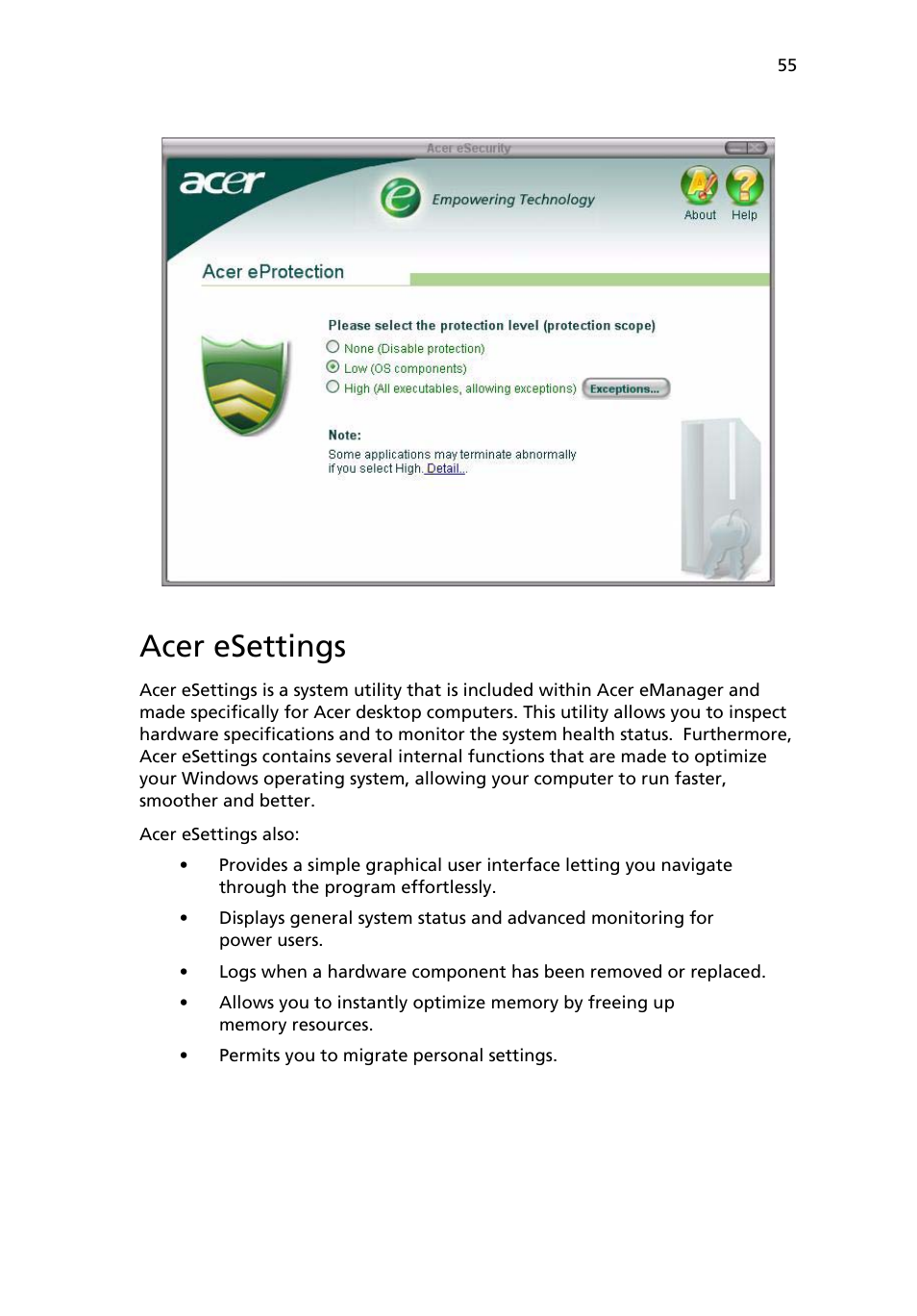 Acer esettings | Acer Veriton 2800 User Manual | Page 63 / 88