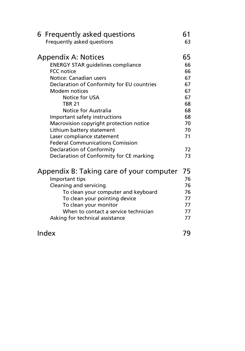 6 frequently asked questions 61, Appendix a: notices 65, Appendix b: taking care of your computer 75 | Index 79 | Acer Veriton 2800 User Manual | Page 7 / 88