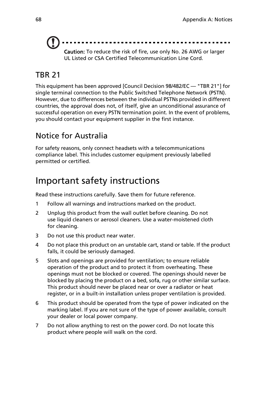 Important safety instructions, Tbr 21, Notice for australia | Acer Veriton 2800 User Manual | Page 76 / 88