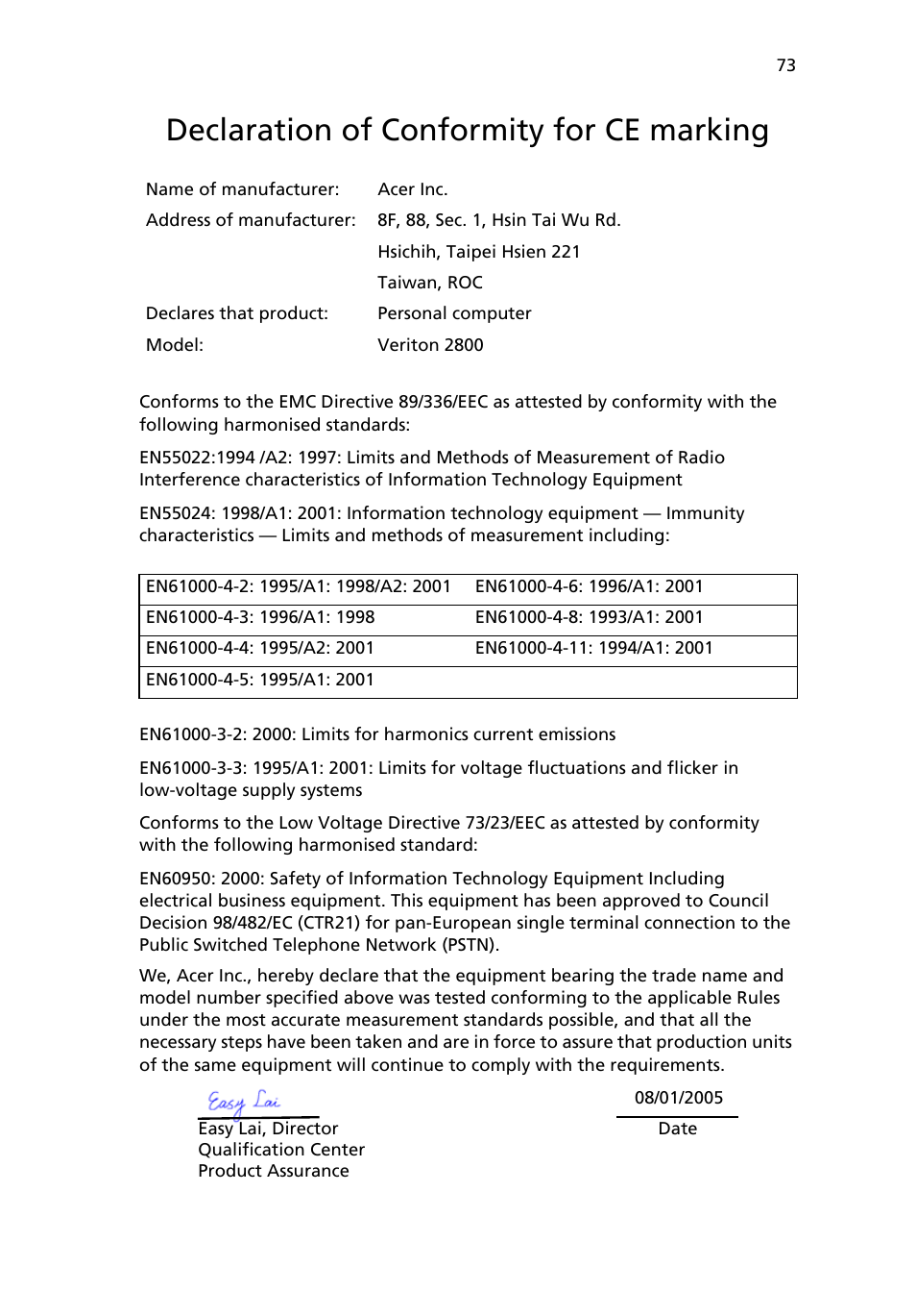 Declaration of conformity for ce marking | Acer Veriton 2800 User Manual | Page 81 / 88