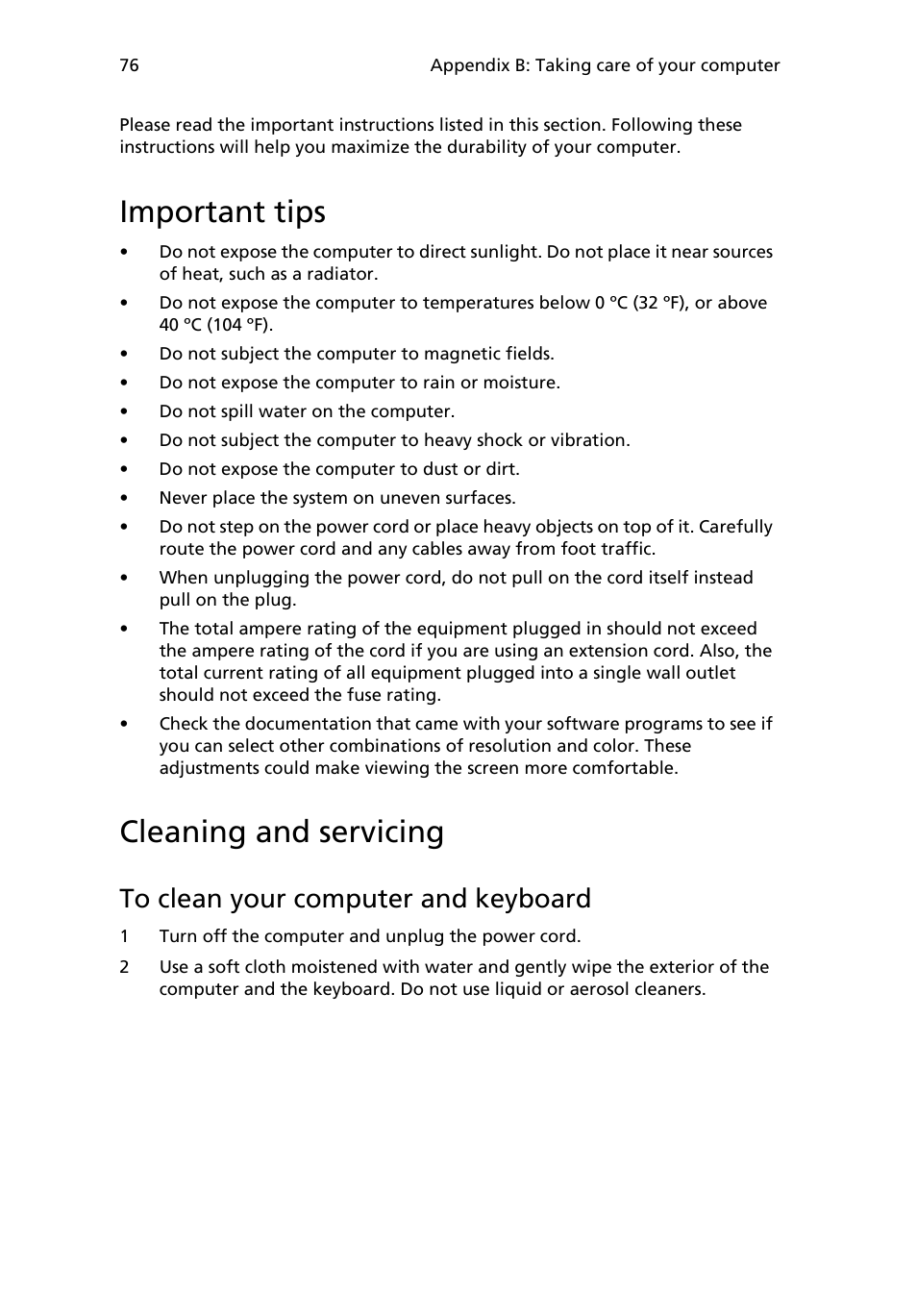 Important tips, Cleaning and servicing, To clean your computer and keyboard | Acer Veriton 2800 User Manual | Page 84 / 88