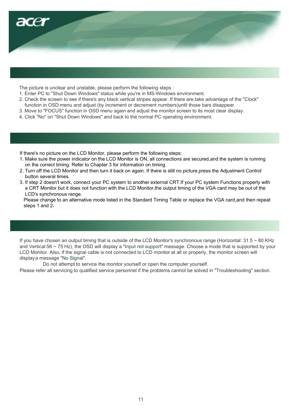 Problem there is no picture on lcd monitor | Acer AL1917W User Manual | Page 12 / 12