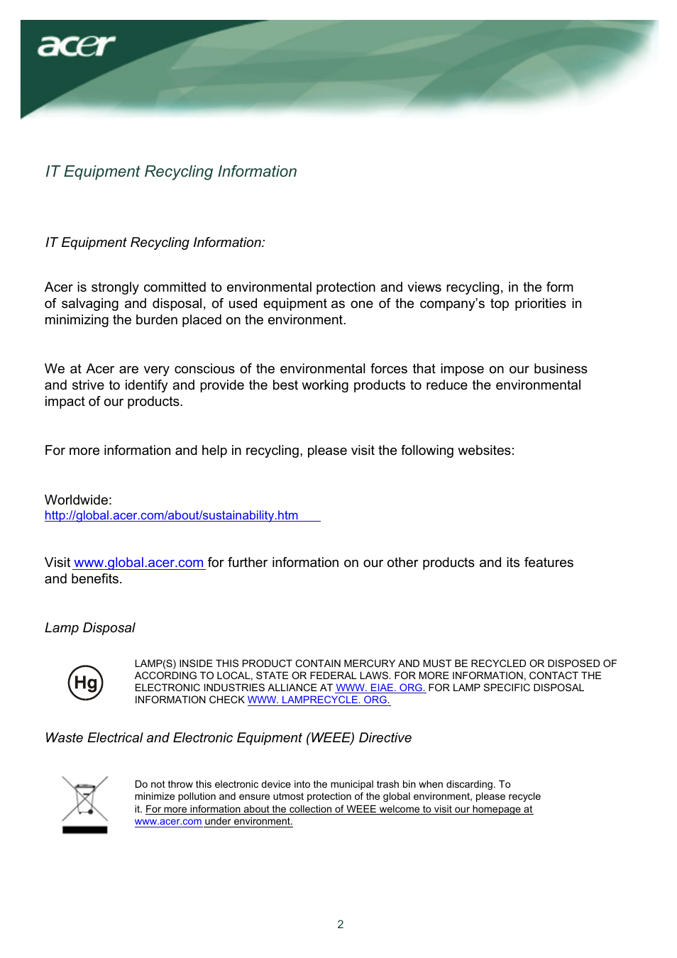 It equipment recycling information | Acer AL1917W User Manual | Page 3 / 12