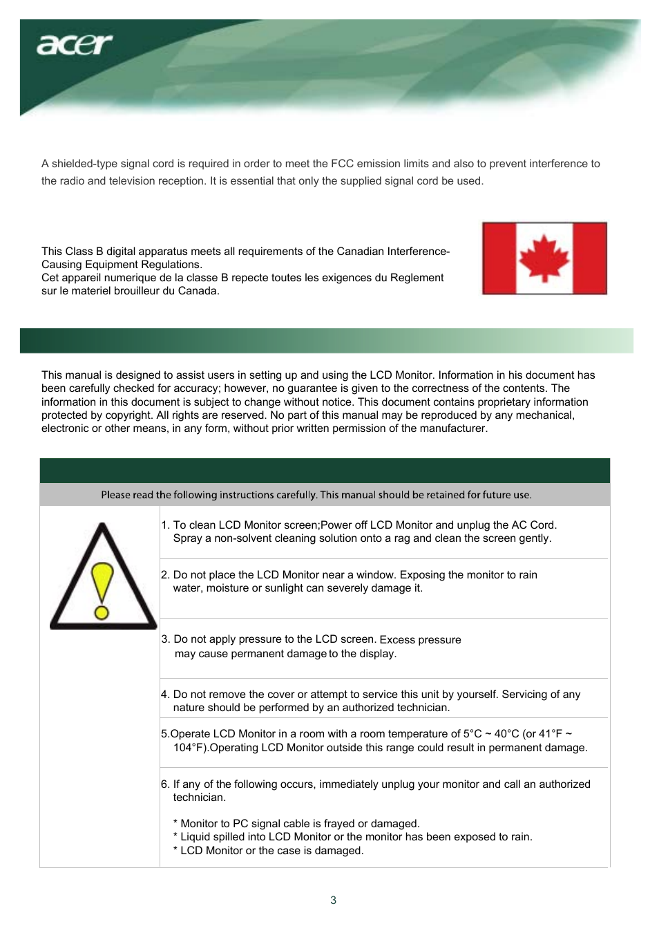 Canadian doc notice, Preface important safety instructions | Acer AL1917W User Manual | Page 4 / 12