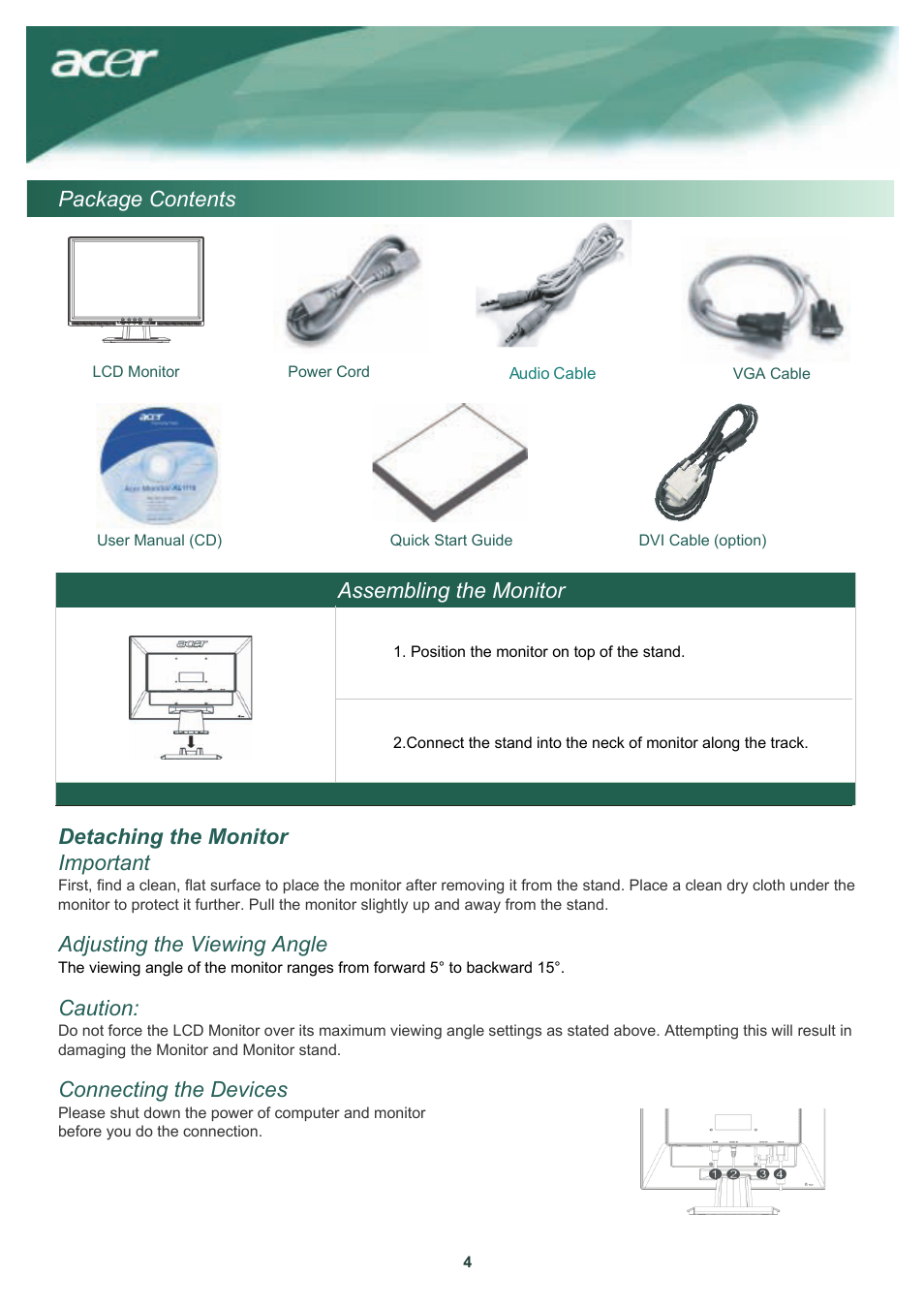 Assembling the monitor, Detaching the monitor important, Adjusting the viewing angle | Caution, Connecting the devices, Package contents | Acer AL1917W User Manual | Page 5 / 12