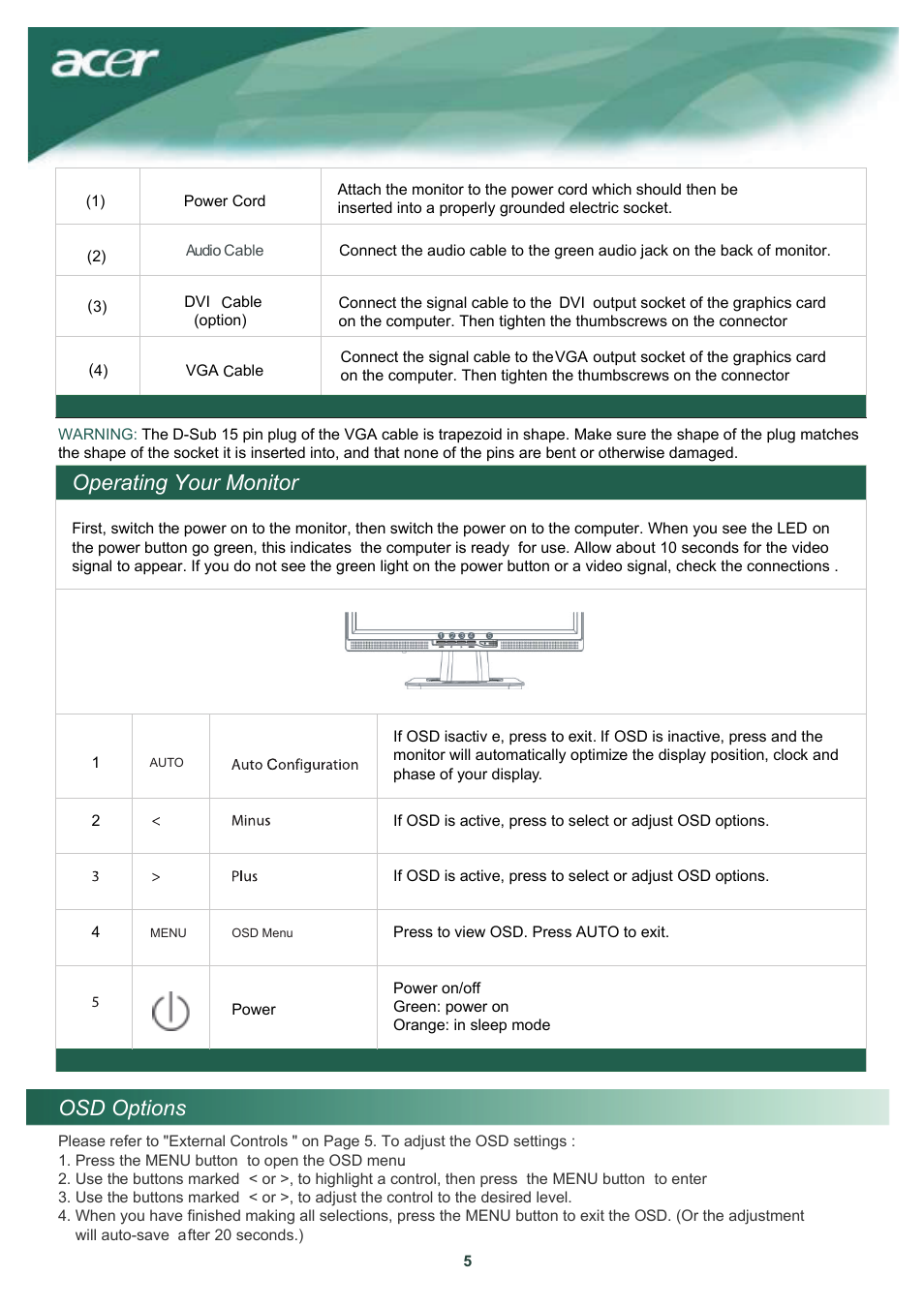 Operating your monitor, Osd options | Acer AL1917W User Manual | Page 6 / 12