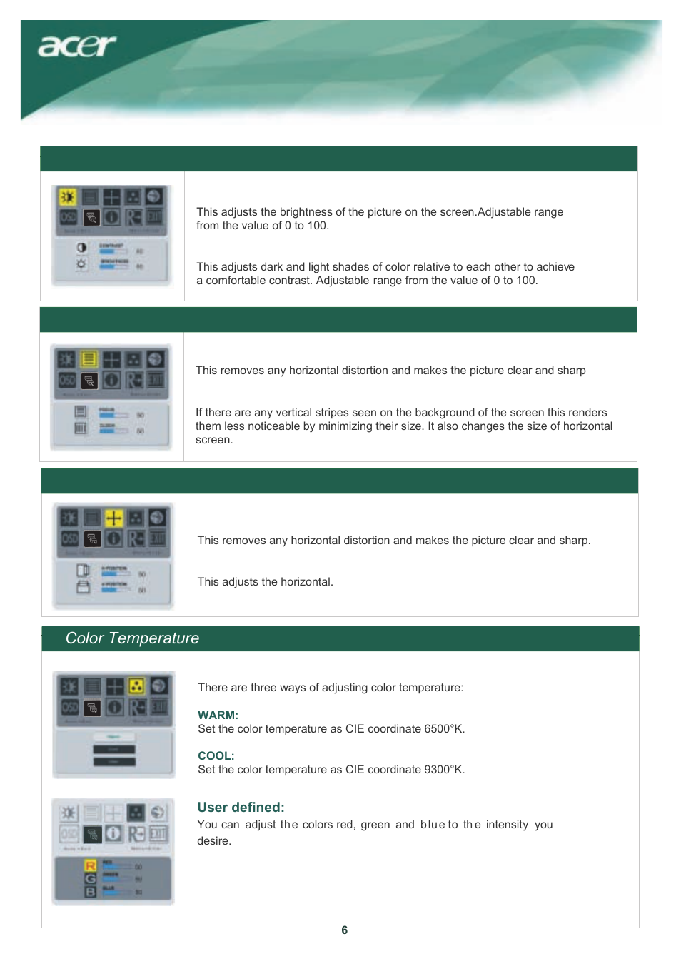 Color temperature, Brightness & contrast tracking, Position | Osd menu color temperature | Acer AL1917W User Manual | Page 7 / 12