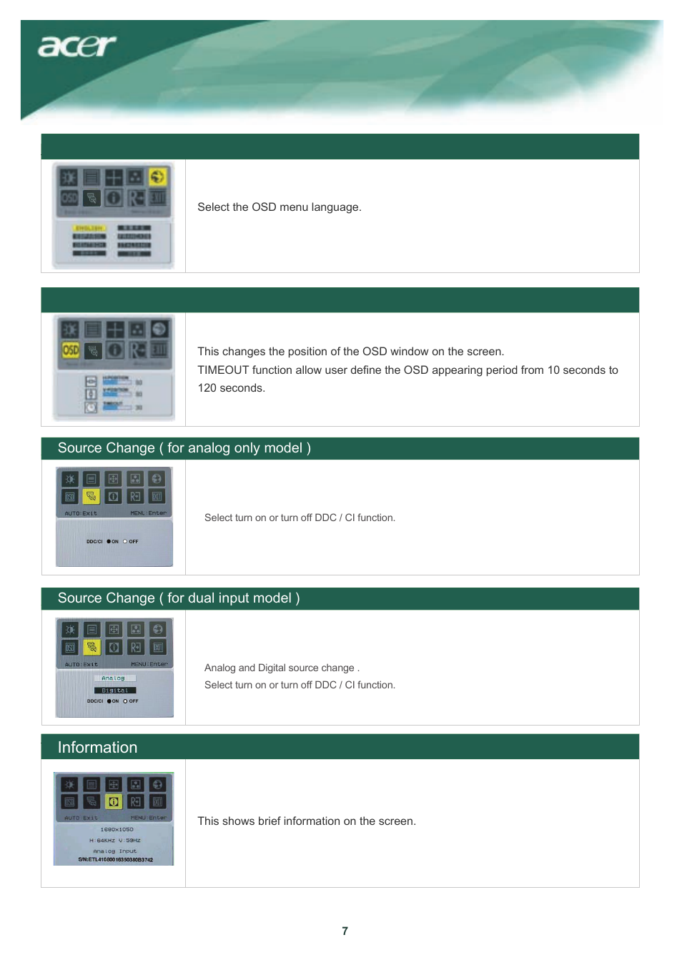 Language osd position, Information | Acer AL1917W User Manual | Page 8 / 12