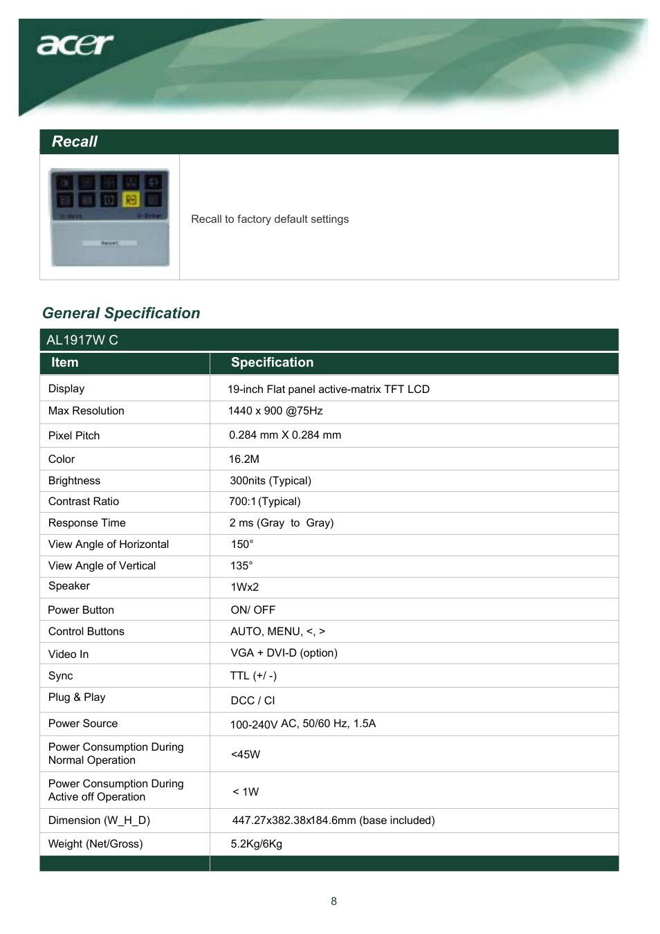 General specification, Recall | Acer AL1917W User Manual | Page 9 / 12