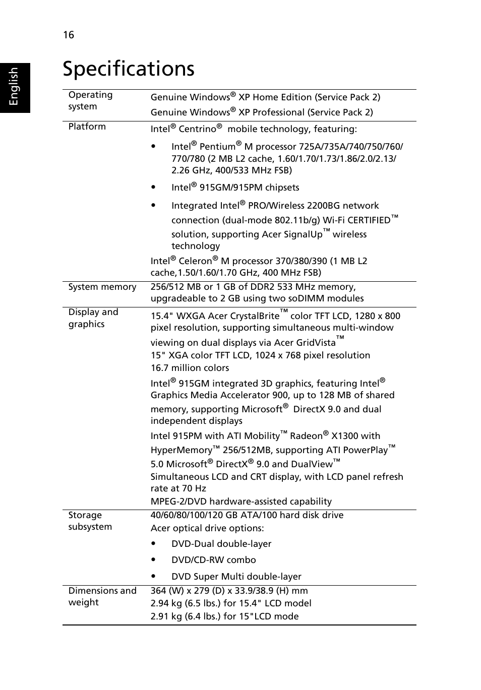 Specifications, English | Acer Extensa 6700Z User Manual | Page 26 / 87