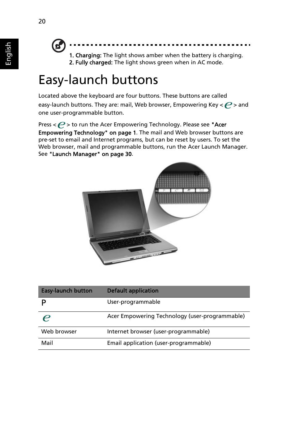 Easy-launch buttons | Acer Extensa 6700Z User Manual | Page 30 / 87