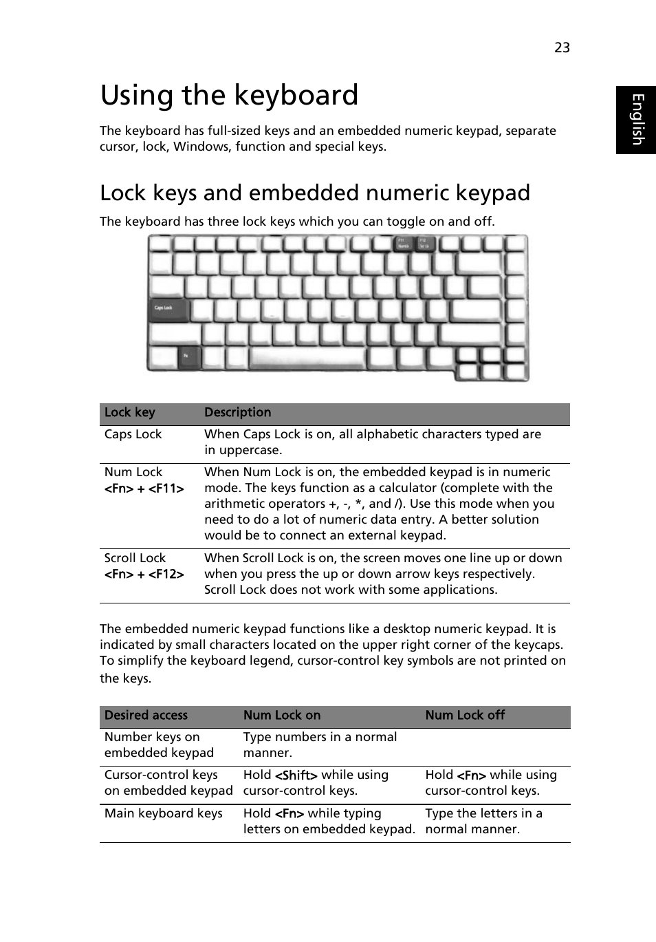 Using the keyboard, Lock keys and embedded numeric keypad | Acer Extensa 6700Z User Manual | Page 33 / 87