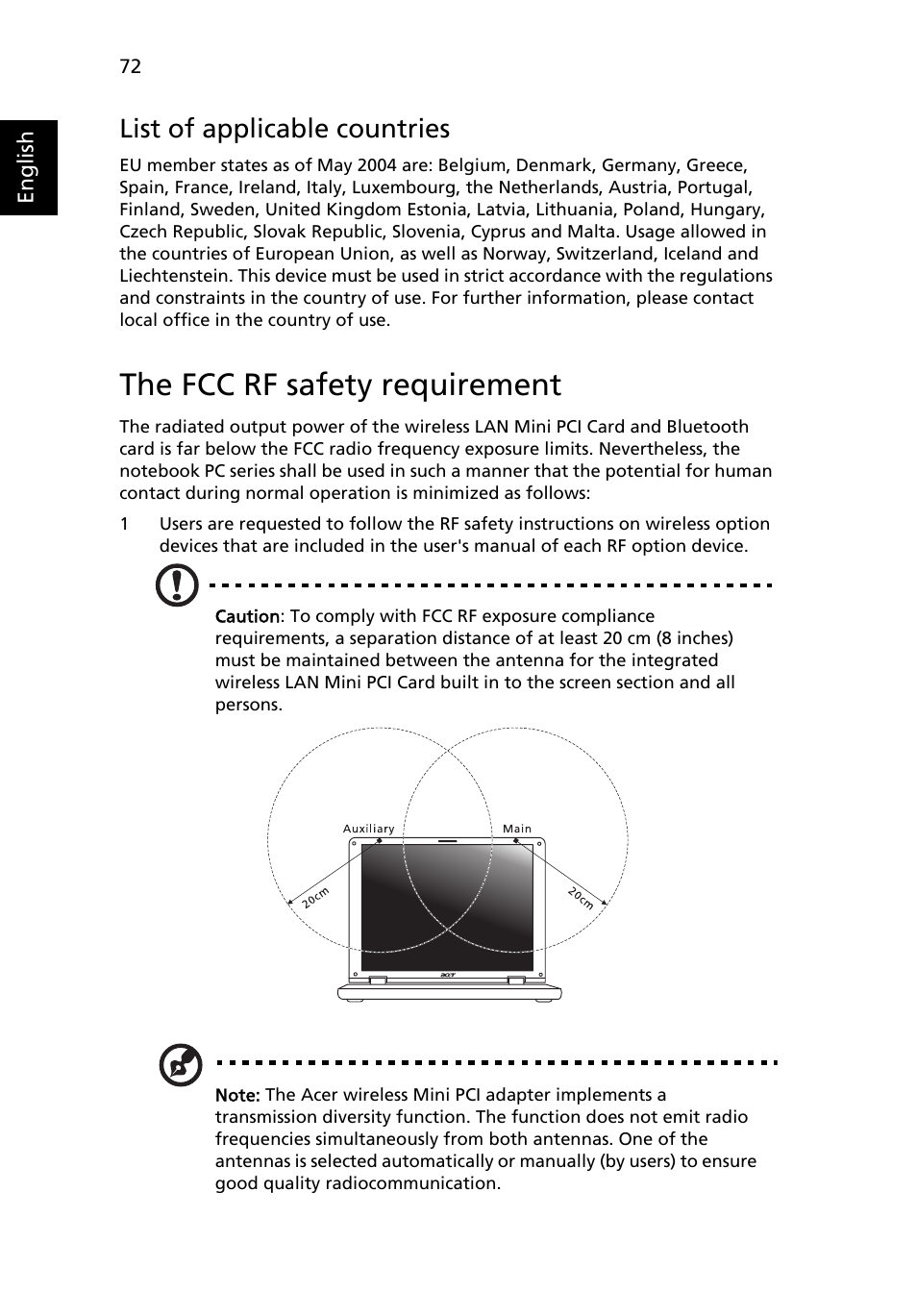 The fcc rf safety requirement, List of applicable countries | Acer Extensa 6700Z User Manual | Page 82 / 87