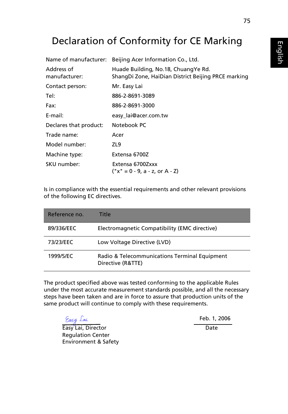 Declaration of conformity for ce marking | Acer Extensa 6700Z User Manual | Page 85 / 87