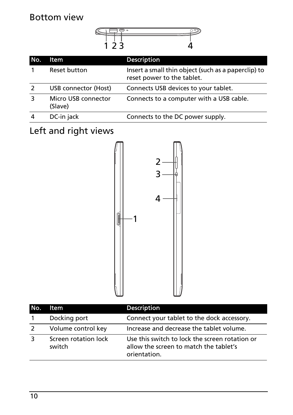 Bottom view, Left and right views | Acer A500 User Manual | Page 10 / 73