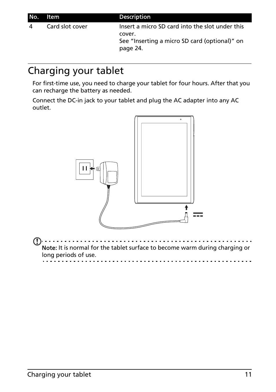 Charging your tablet | Acer A500 User Manual | Page 11 / 73