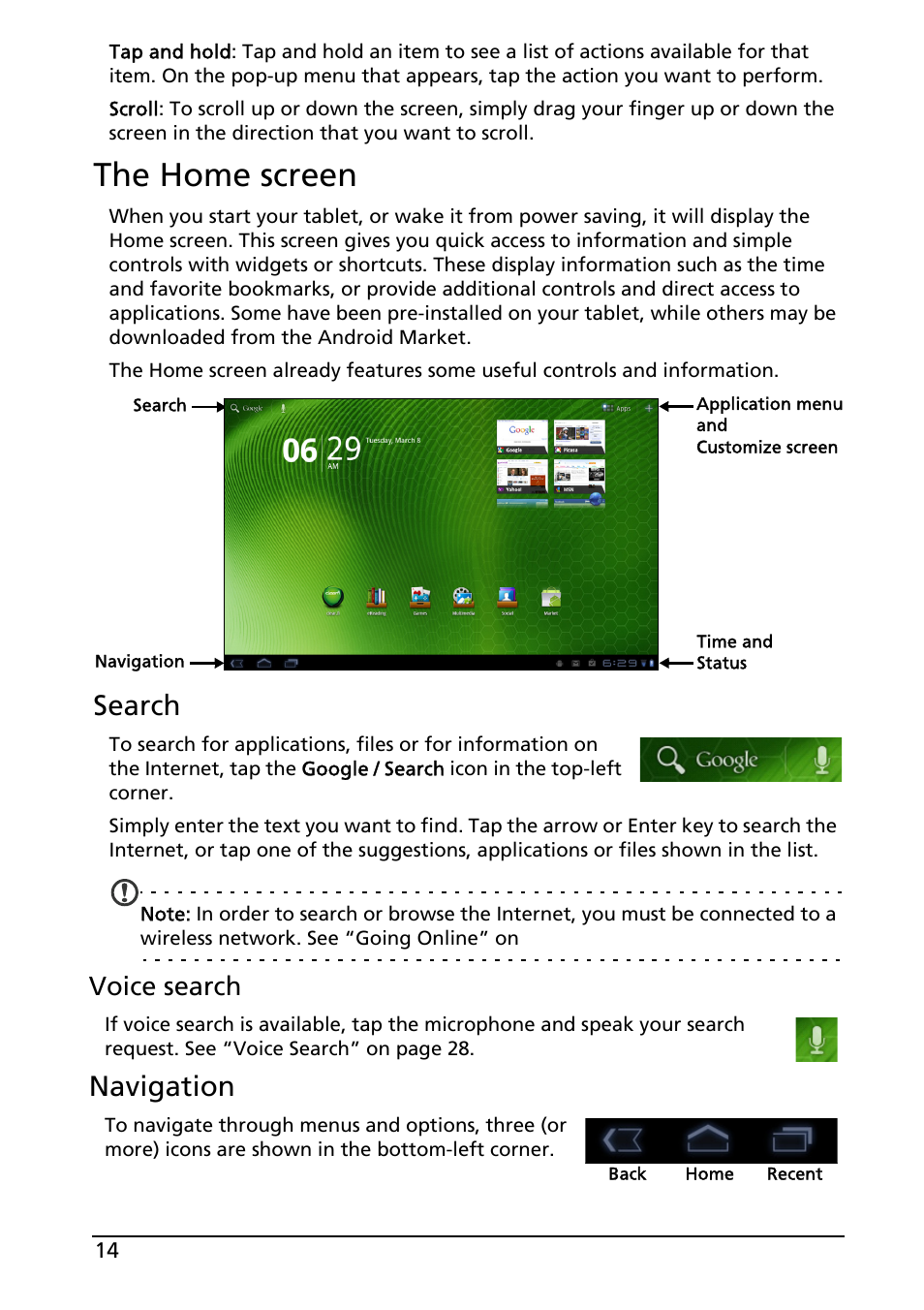 The home screen, Search, Navigation | Naviga tion, Voice search | Acer A500 User Manual | Page 14 / 73