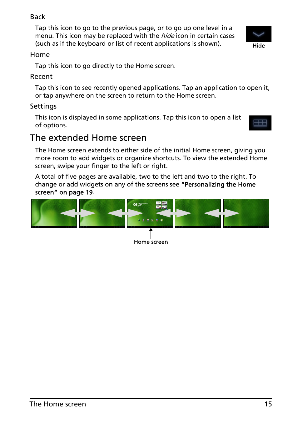 The extended home screen | Acer A500 User Manual | Page 15 / 73