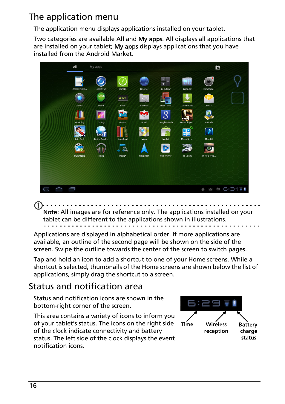 The application menu, Status and notification area | Acer A500 User Manual | Page 16 / 73