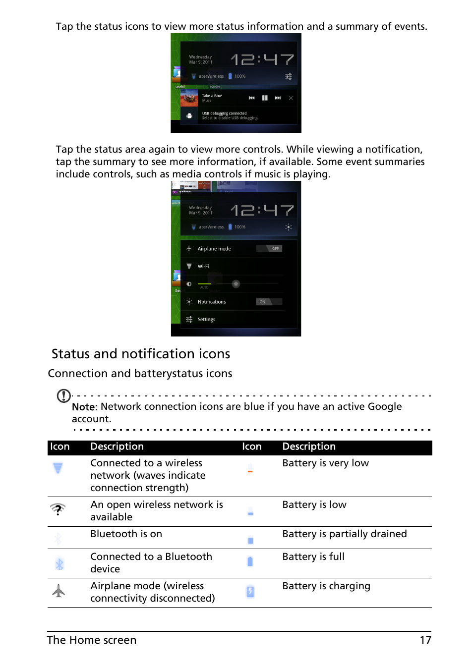 Status and notification icons | Acer A500 User Manual | Page 17 / 73