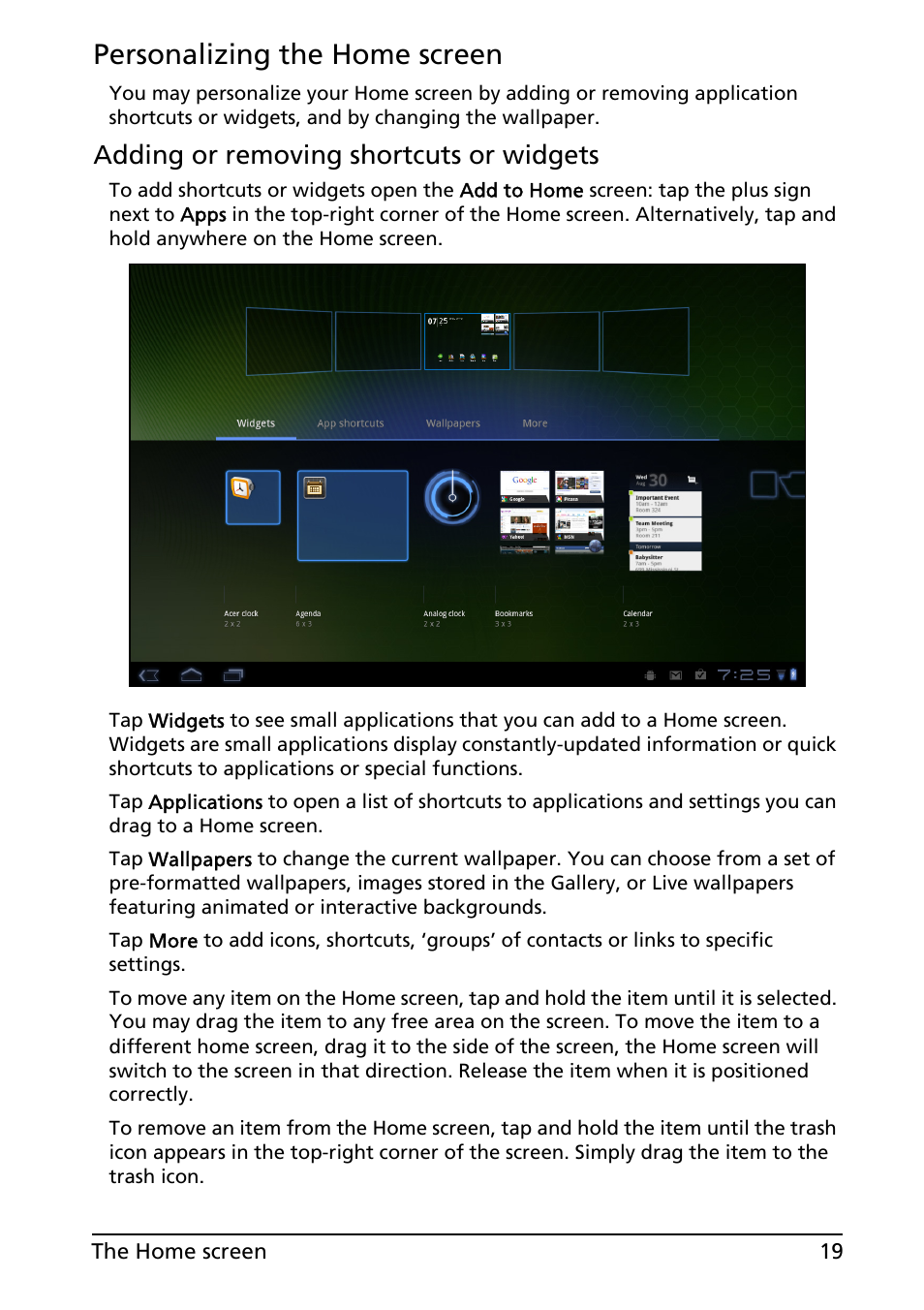 Personalizing the home screen, Adding or removing shortcuts or widgets | Acer A500 User Manual | Page 19 / 73