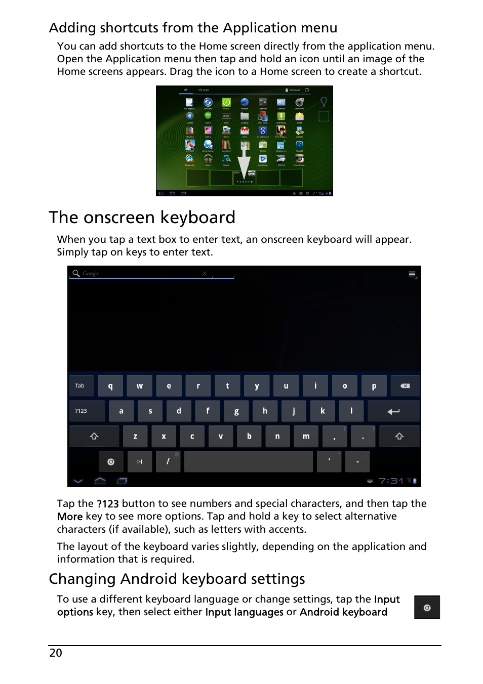 The onscreen keyboard, Changing android keyboard settings | Acer A500 User Manual | Page 20 / 73