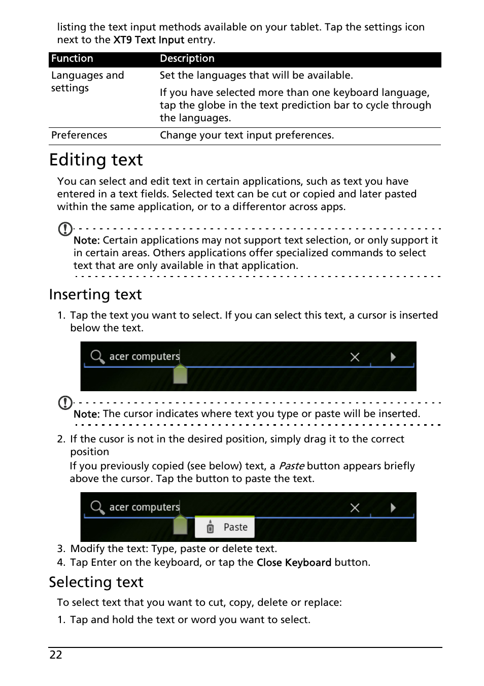 Editing text, Inserting text, Selecting text | Acer A500 User Manual | Page 22 / 73