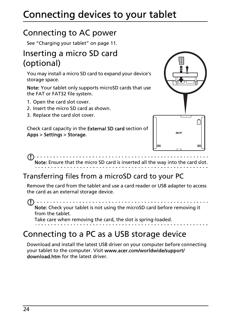 Connecting devices to your tablet, Connecting to ac power, Inserting a micro sd card (optional) | Transferring files from a microsd card to your pc, Connecting to a pc as a usb storage device | Acer A500 User Manual | Page 24 / 73