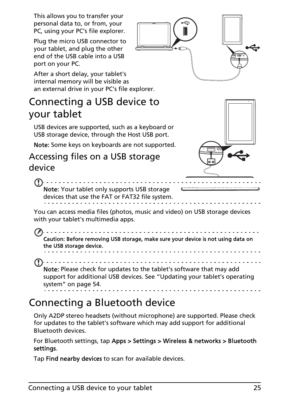 Connecting a usb device to your tablet, Accessing files on a usb storage device, Connecting a bluetooth device | Acer A500 User Manual | Page 25 / 73