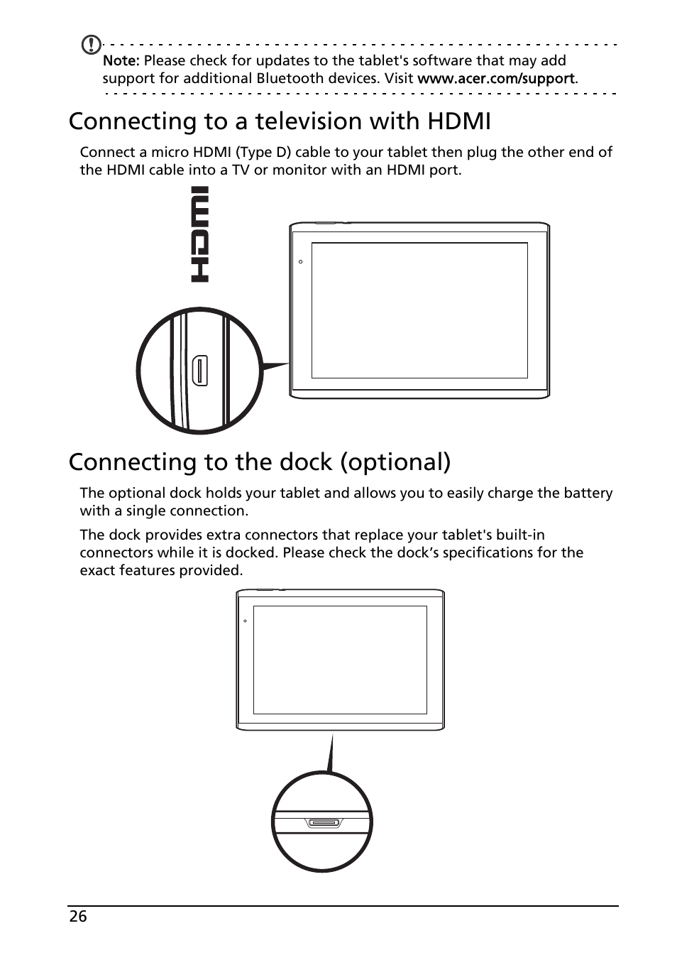 Connecting to a television with hdmi, Connecting to the dock (optional) | Acer A500 User Manual | Page 26 / 73